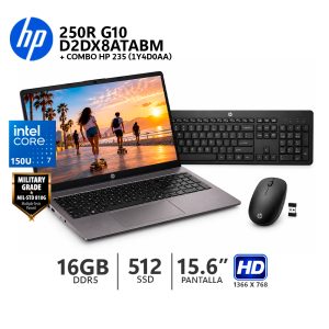 Laptop HP 250R, INTEL CORE 7 150U 5.4GHz, RAM 16GB DDR5, SSD 512GB, PANTALLA 15.6 HD - D2DX8AT