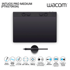 Tableta Gráfica Wacom Intuos Pro Medium PTK670K0A 8192 Niveles Pro Pen 3 Bluetooth
